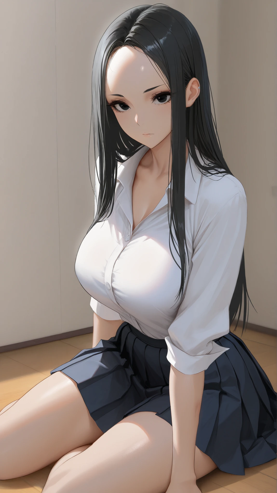 1 girl as yukino yukinoshita, absurdres, highres, solo, school uniform, big breasts, waist long black hair, (twintails:0.5), miniskirt, black thighhigh socks, loose red ribbon, unbuttoned white shirt, (ahegao:1.1), (rolling eyes:1.1), (female masturbation:1.1)