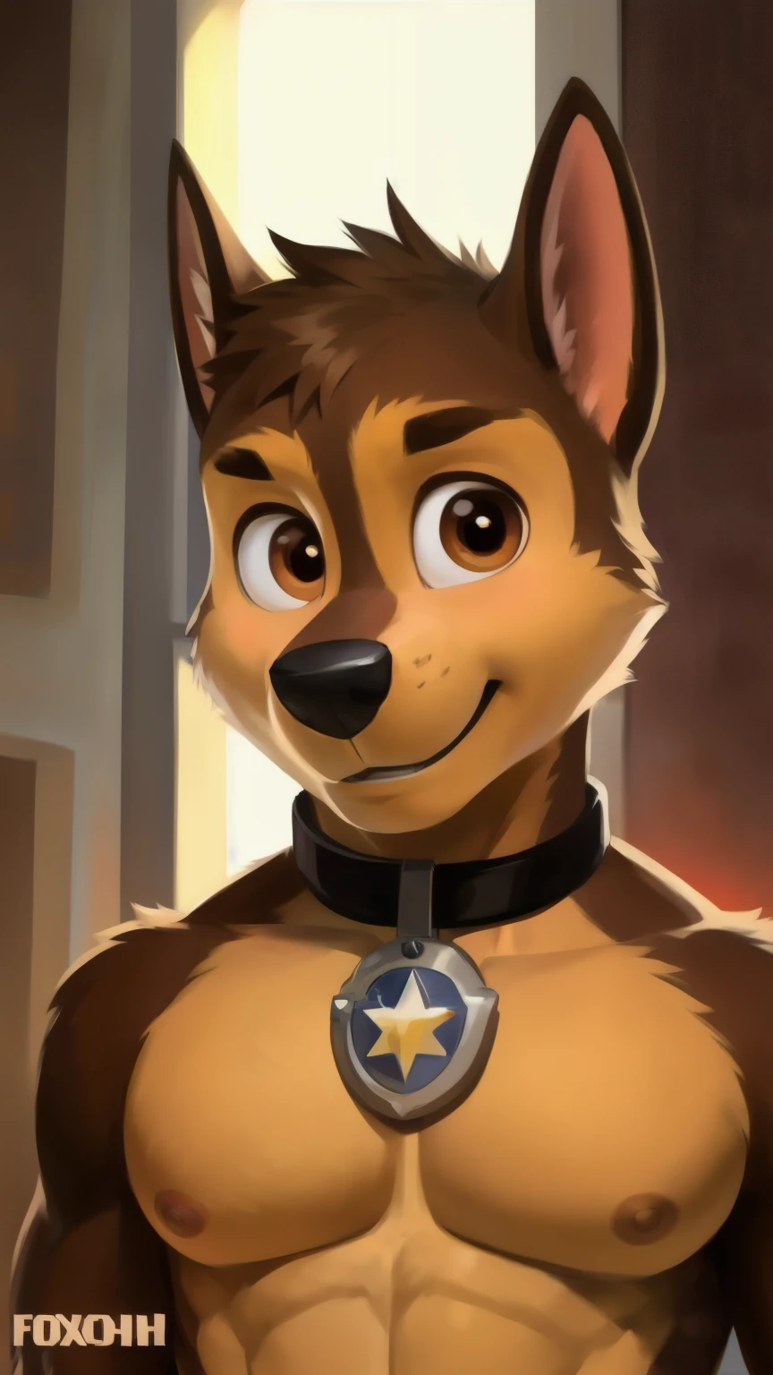 Chase smirks., showing your body to the viewer from the viewer's point of view, detailed fluffy fur texture, impasto impressionism , (by foxovh, Ross Tran, Mikhail Garmash , Pino Daeni, A SPARK), detailed eyes , highly detailed pupils , One, fluffy, antro, chase-pp, domestic dog, male, brown eye , brown wool , light brown body, fur body, detailed fluffy fur texture, curved, 1 boy , muscular, detailed muscles, large and large pectoral muscles