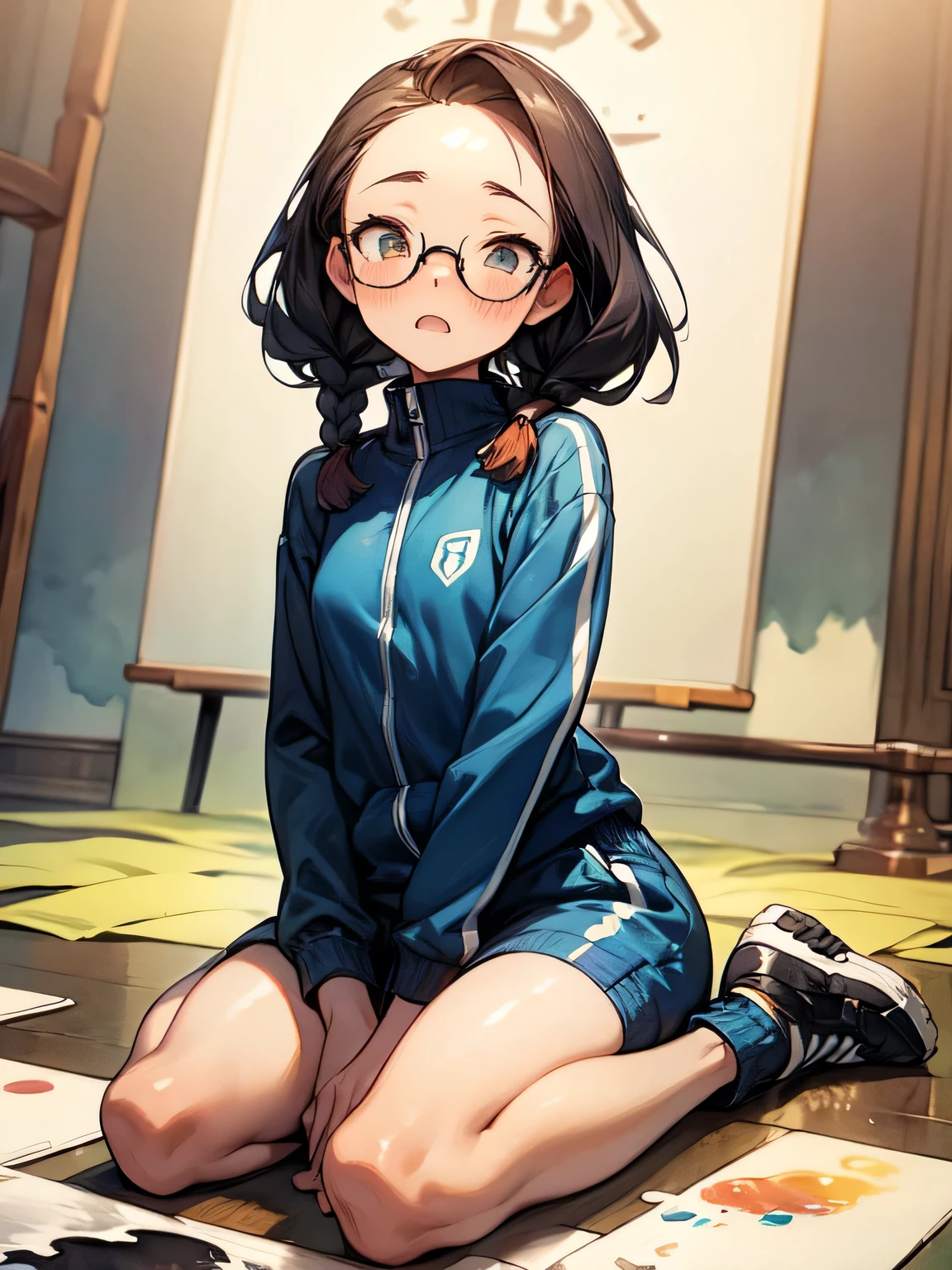 score_9, score_8_up,score_7_up,black hair,baggy blue track suit,baggy blue track pants,glasses,black hair,low twin braids, ,desk,sitting on desk,barefoot,foot focus,from below,anklet,bare legs,chalkboard,shiny skin,pale skin,colored toenails,