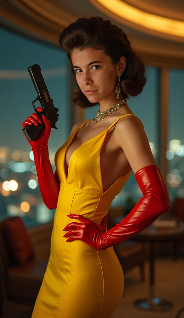 1girl, 1950s, fashion, elegant, flapper dress, faux fur collar, 1950s victory rolls hairstyle, bandana covering mouth, color, pistols, stage performer, dynamic pose, (best quality,4k,8k,highres,masterpiece:1.2),ultra-detailed,(realistic,photorealistic,photo-realistic:1.37),vibrant colors,dramatic lighting,cinematic composition,cinematic lighting,dramatic pose