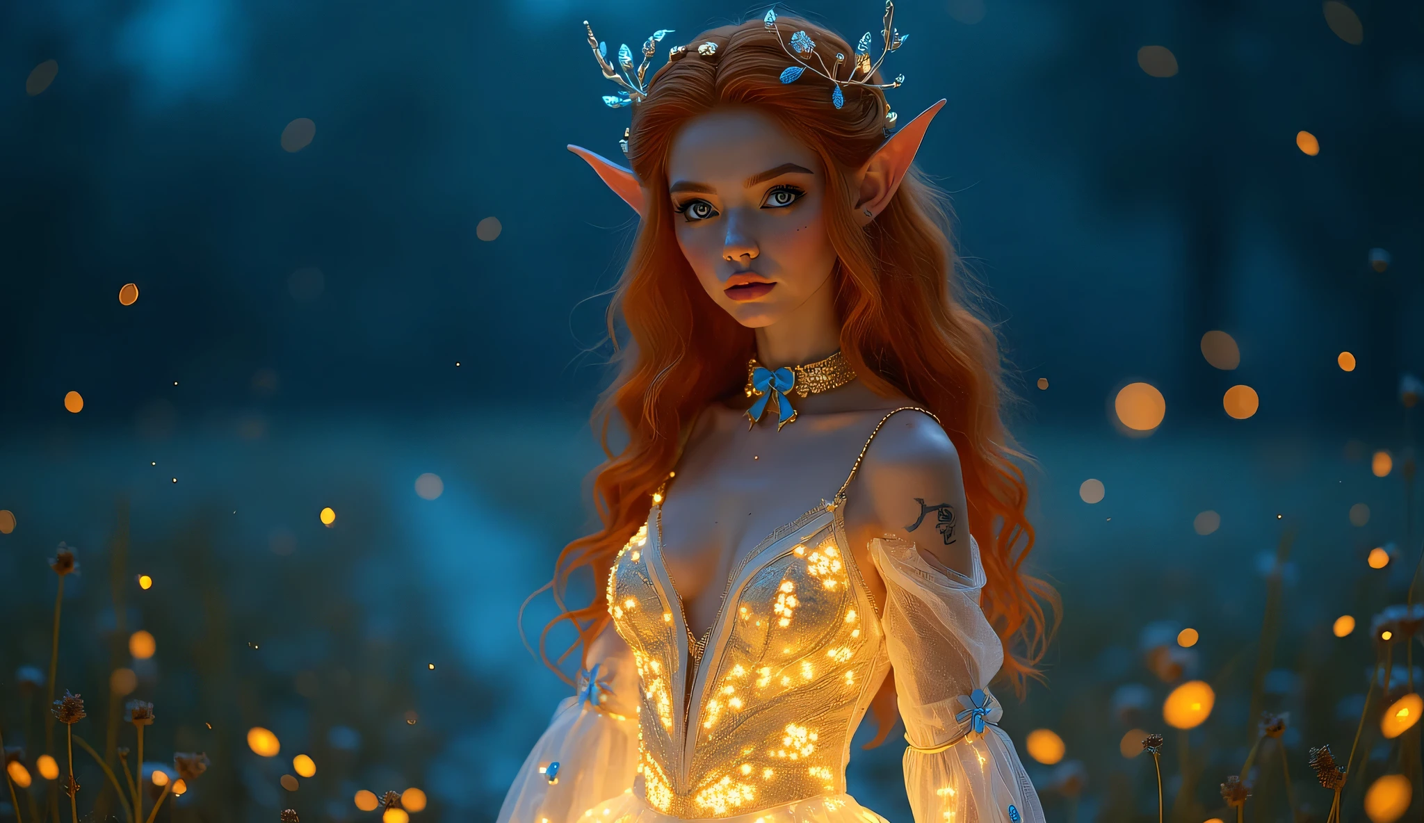 (1 girl elf, beautiful detailed eyes, beautiful detailed lips, extremely detailed eyes and face, long eyelashes, pointy ears, freckles, mole on body, green eyes, cupid's bow lips, braid, looking at viewer, (golden hair:1.3), long hair, flowing hair), fantasy, indie aesthetic, (mystical landscape), woods background, smile, dynamic pose, vibrant color, soft shadow, contrast, refraction, perspective, depth, good anatomy, perfect body, (big breast), stunning details