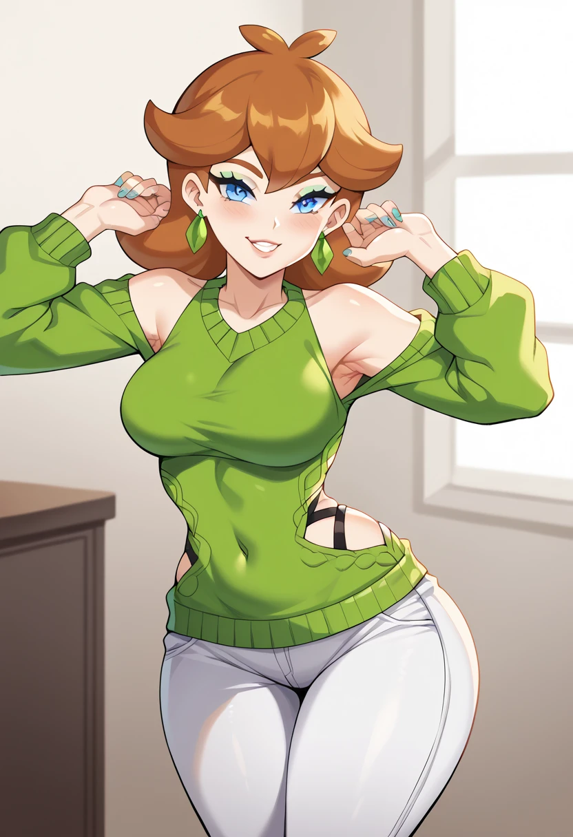 (masterpiece, best quality:1.2), <lora:linda_flynn-fletcher:.9>, linda_flynn-fletcher, 1girl, jewelry, earrings, solo, lipstick, hairband, makeup, breasts, large breasts, orange hair, short hair, crossed legs, pants, smile, sweater vest, green pants, pole dancing, stripper pole, pole, looking at viewer, full body, leg up, indoors, neon lights,