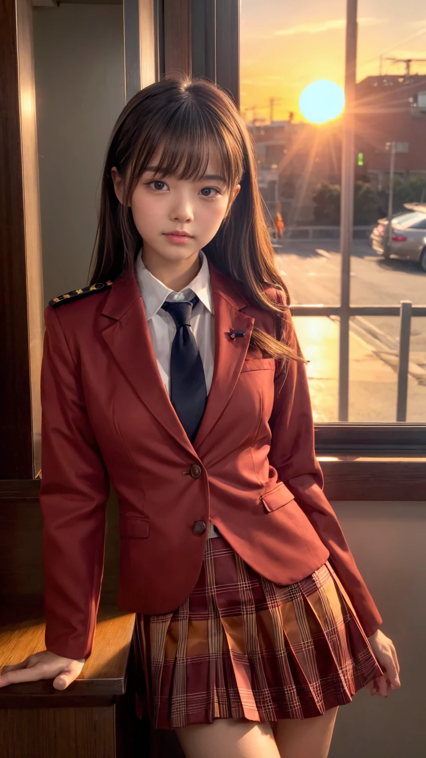 (Best-quality, Masterpiece, Ultra-High-Resolution, (Photorealistic:1.4), Raw Photo, depth of field, professional lighting, perfect anatomy, extremely details), 1girl, 15-years-old, the most famous Japanese idol, sitting on train, ((wearing Japanese high-school uniform)), looking at viewer, get sexually-excited, orgasms-face, orgasms-eyes