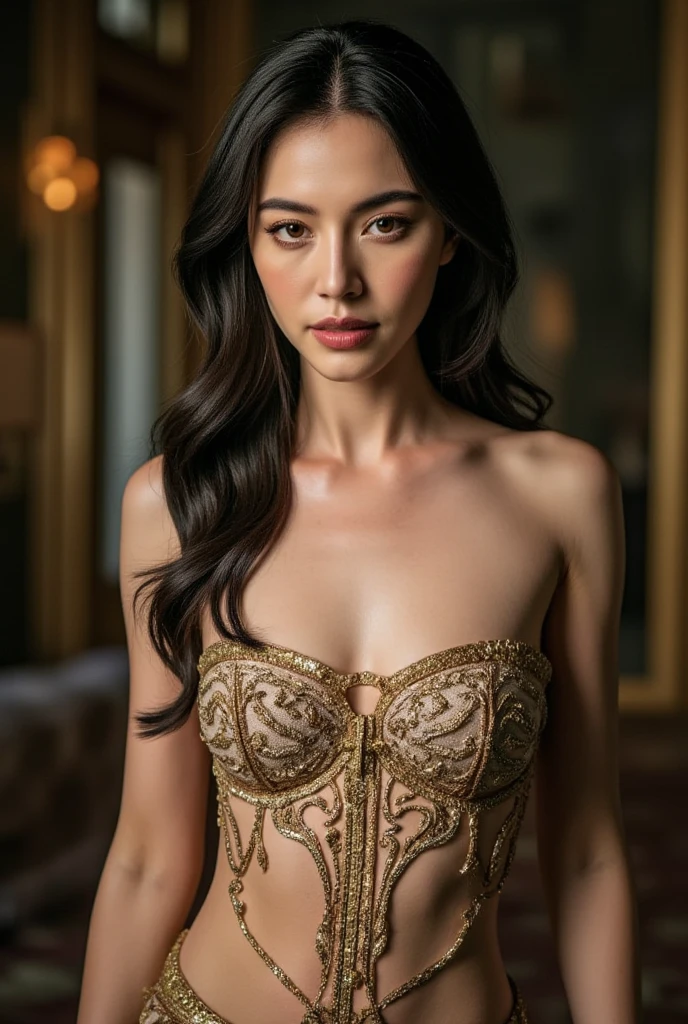 (best quality,4k,highres,masterpiece:1.2),ultra-detailed,realistic:1.37,beautiful and regal Javanese queen with hijab,dark and luxurious palace backdrop,beautiful detailed eyes and face,long eyelashes,voluptuous and curvy figure,exquisite jewelry and accessories,ornate and intricate patterned textiles,dazzling crown and royal attire,golden light illuminating the scene,vibrant and vivid color palette,soft and ethereal lighting,confident and alluring expression,graceful and elegant pose,serene and majestic atmosphere,rich cultural elements and symbols,meticulously captured body contours,subtle and tasteful sensuality,endless attention to every detail,romantic and dreamlike ambiance,artistic interpretation of beauty,stylish and sophisticated composition.