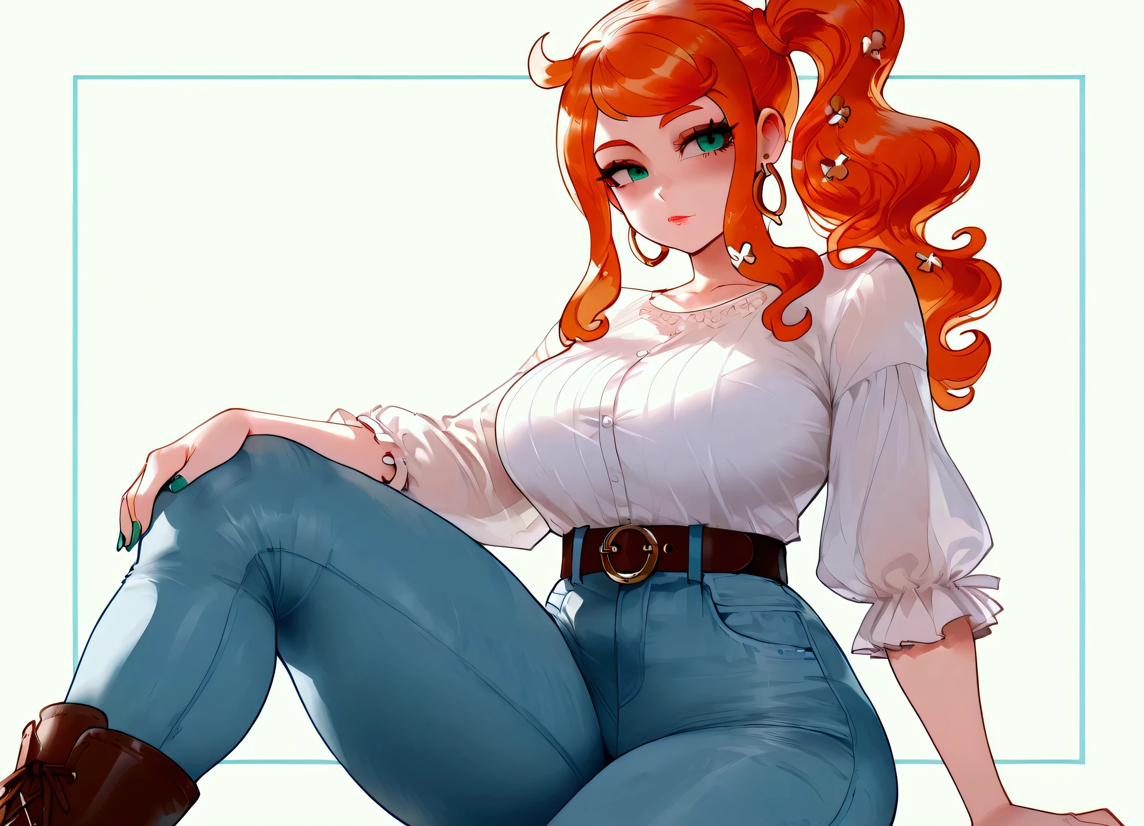 Sonia, big breasts, she is wearing tight jeans with belt, white blouse, brown boots, hoop earrings.
