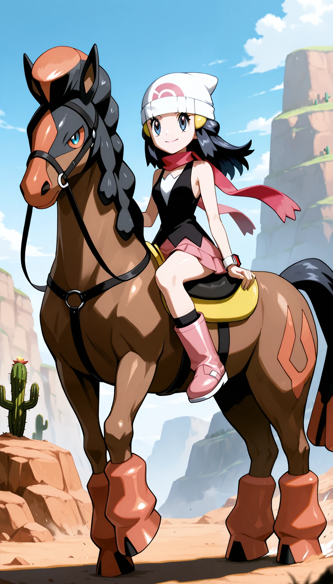 Hikari/Dawn from Pokemon, oId, BREAK, masterpiece, best quality, (amazing quality), very aesthetic, absurdres, newest,highly detailed,high-resolution,close-up portrait,female,woman,(smile),(hikari/dawn:1.2),pokemon diamond pearl,adult young hikari,darker navy hair,long hair with a pair of hairpieces,aquamarine eyes,eyesHD, detailed simple eyes, high definition eyes,long hair,white beanie,fair skin,glossy texture,pink lips,pink scarf,black vest-like sleeveless dress,pink short skirt,yellow sling backpack,pink boots, sweaty,heat sunny,focused subject,sharp focus,medium depth of field,te.enager, motherly and nurturing expression,from the side,clean lines,smooth lines,sharp,masterpiece, best quality, amazing quality, very aesthetic, absurdres, newest, nighttime, BREAK, eyesHD, high gradient eyes, detailed eyes, high definition eyes, BREAK, SFW natural small breasts, thick fleshy sexy mommys arms, very skimpy slingshot bikini, BREAK, (view from top - her and a pokemon mudsdale), hikari/dawn riding on top of muscled mudsdales back, Dawn riding on a burly muscled horse pokemon in a canyon, riding a horse, holding the reins, sitting on a saddle with their feet in the stirrups, cactus, wide ambient view, BREAK, (dynamic cinematic shot), Pokemon official illustration, official inking and coloring,