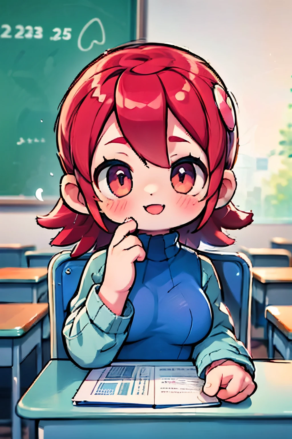 4K, upper body, from before , 1 girl,Red Hair, long lashes,Big Breasts, blushes her cheeks,smile, open their mouths, in class, chair,classroom, hand against the wall, very delicate, accurate to human body structure , perfect contrast ,electronic world,megaman,mayl