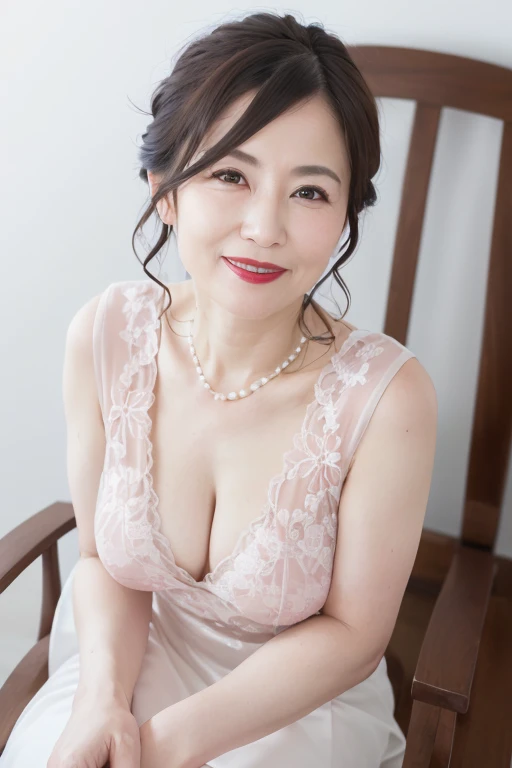 Elegant mature 55 year old Japanese woman, Married Woman, Lady, Highly detailed face, Beautiful lip detail, Highly detailed face, Long eyelashes, Highly detailed female body, Night Dress, Cleavage, sexy, Glamour, Low Ponytail, ((Pearl Necklace))