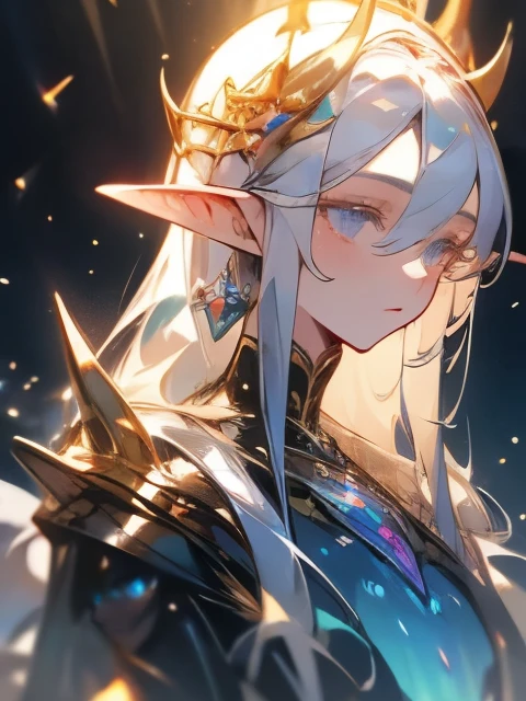 1 Noble Prince 、No breasts、 highly detailed eyes and faces based on dinosaurs、Rainbow Eyes、Beautiful Elf、 long pointed ears 、 porcelain-like skin、 flowing iridescent hair 、 Elegant Headdress 、A gorgeous seven-colored jewel、Detailed clothing、Elegant white suit 、 Ethereal Expression 、mystical gothic castle background、 sunlight shining through the stained glass、rich rainbow colors、 vibrant colors、 complicated details、( top quality、8k、 high resolution、 Masterpiece:1.2)、 Super Detail、( real 、 photorealistic、 photorealistic:1.37)、 Fantasy Art 、 Digital Painting、 Cinematic Lighting