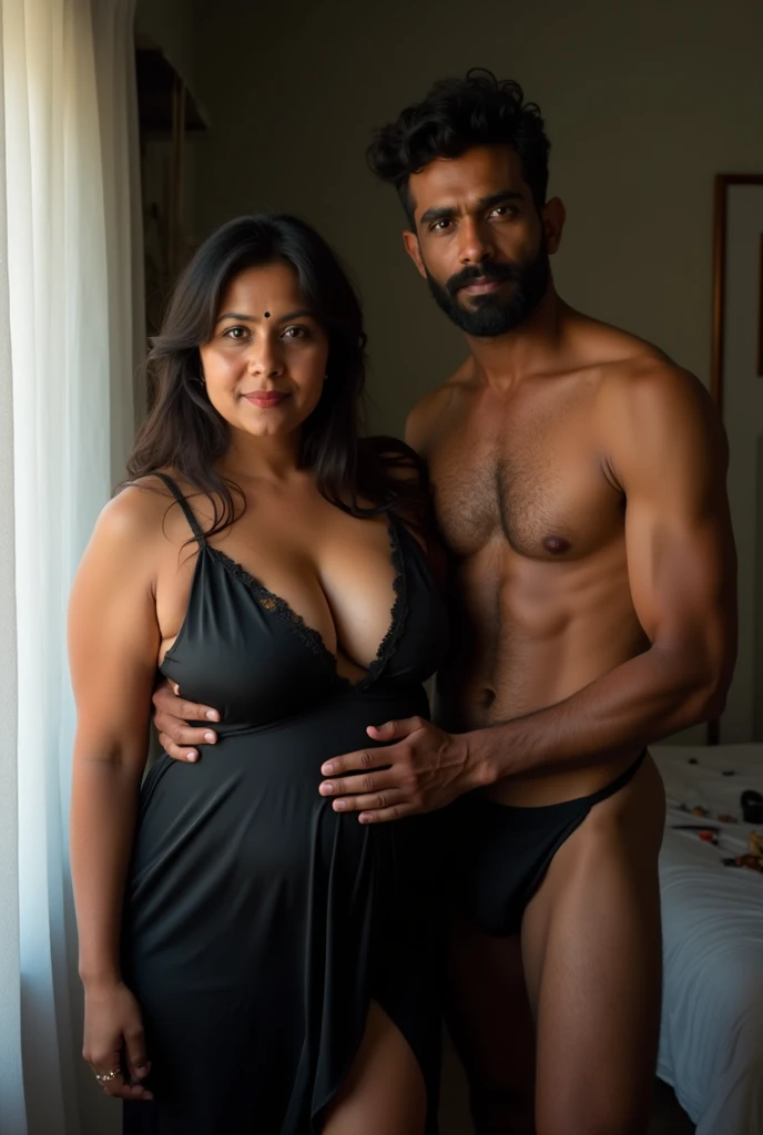 Newly wed indian couple, hot curvy white south indian milf with long hair, big breast, big hip, very big ass, thick thighs, woman wearing tight top and leggings, cleavage, indian couple, very short indian black old man with short haircut, skinny body and big moustache, man wearing shorts, woman with man, couple in house balcony, high resolution, couple looking at camera, tall woman and short man, close-up potrait, Closed Mouth, serious face, front full body view, in kitchen, bright lighting