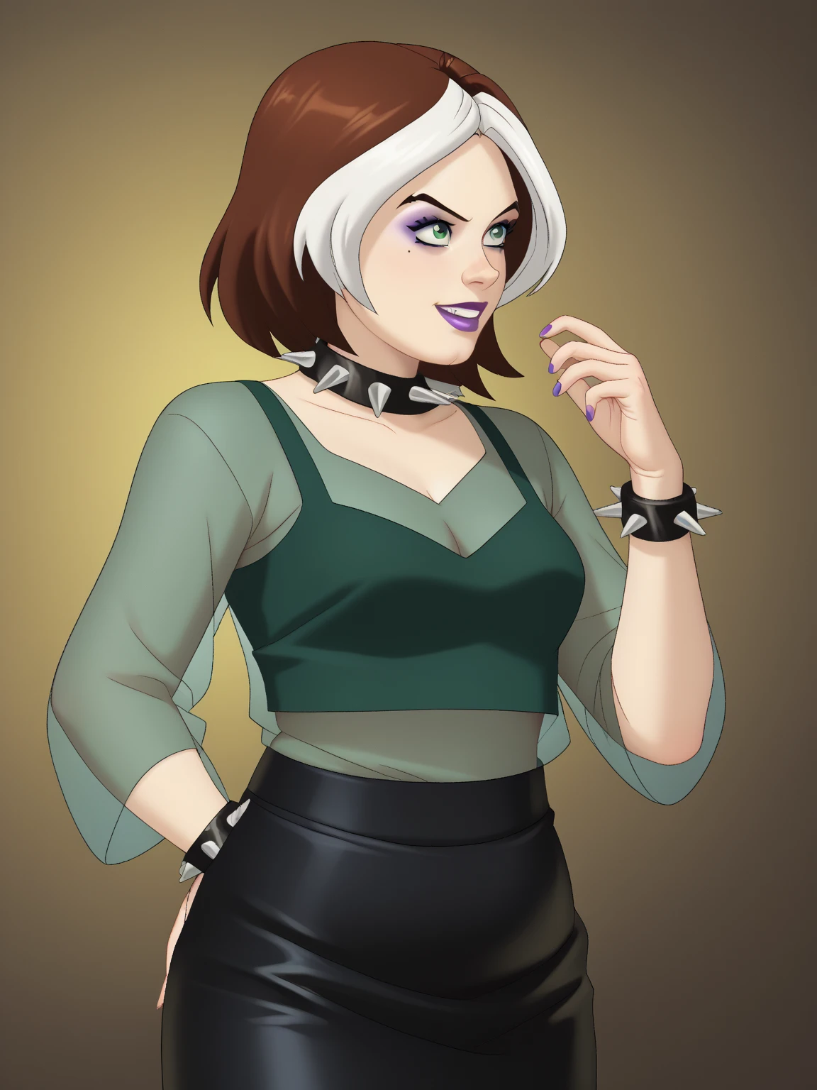 source _ cartoon, score_9, score_8_arriba, score_7_arriba, score_6_arriba, score_5_arriba, score_4_arriba, BREAK, a girl, a girl, rogue(big fat body ), to wonder, multicolored hair , brown hair , white hair, Lápiz labial morado, Sombra de ojos morada, green eyes, transparent shirt, skirt, spiked necklace , spiked bracelets , modeling pose , (clothes that fit your big, fat body size ).