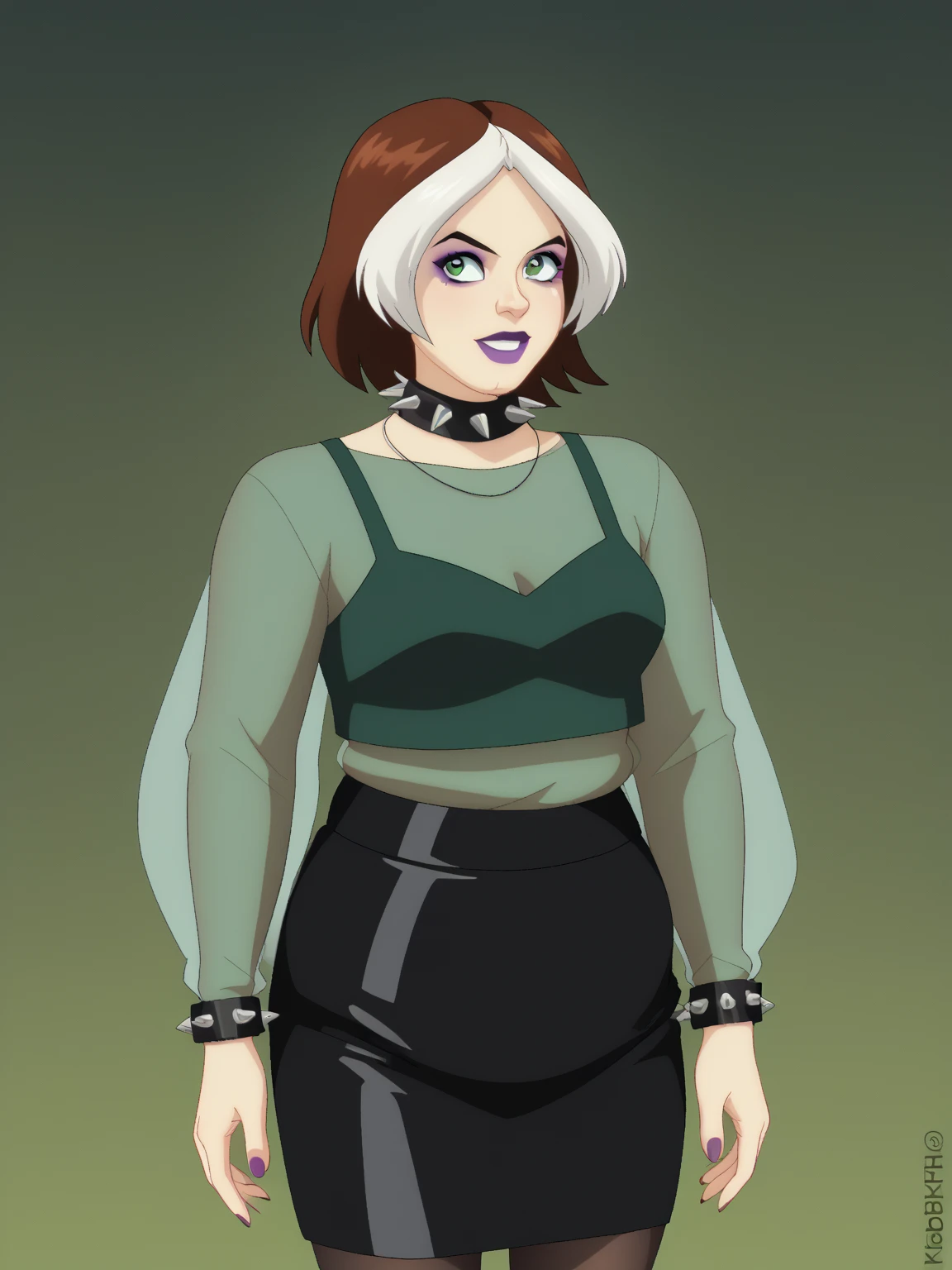 source _ cartoon, score_9, score_8_arriba, score_7_arriba, score_6_arriba, score_5_arriba, score_4_arriba, BREAK, a girl, a girl, rogue(big fat body ), to wonder, multicolored hair , brown hair , white hair, Lápiz labial morado, Sombra de ojos morada, green eyes, transparent shirt, skirt, spiked necklace , spiked bracelets , modeling pose , (clothes that fit your big, fat body size ).