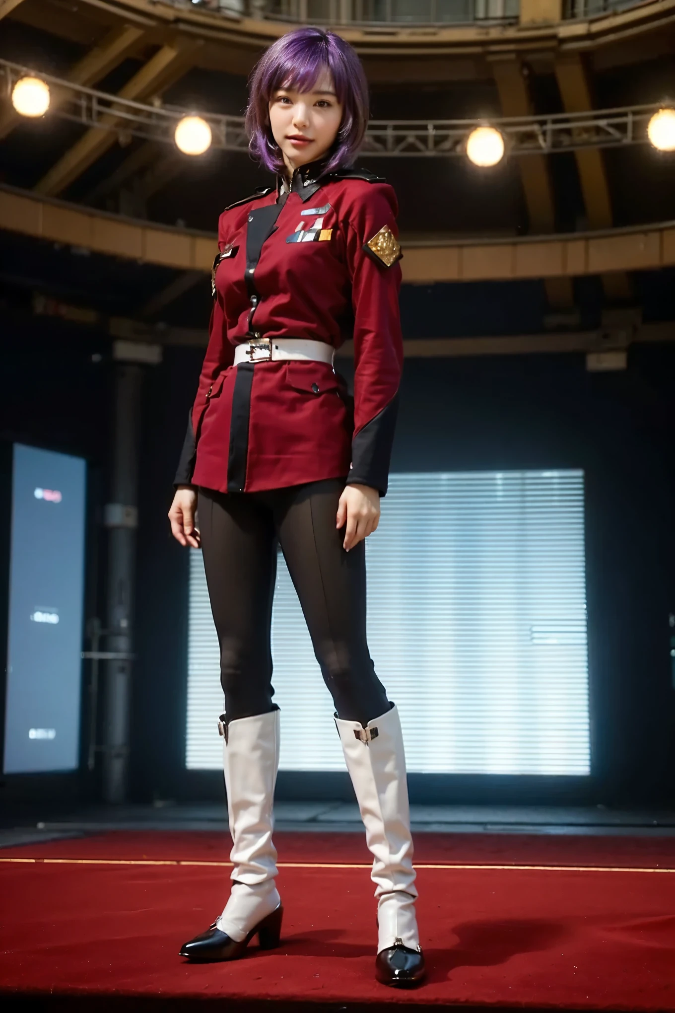 (Completely live action:1.37), (Amazingly realistic textures:1.37), (masterpiece, best quality:1.2), (8k uhd, 16k, 32k, ultra high res), amazingly realistic skin, amazingly realistic photo, superrealism, (photorealistic:1.37), (RAW photo), ultimately realistic, (ultimately realistic all details), (ultimately realistic all textures), super realistic lighting, super realistic shadow, (japanese girl:1.5), ((young face)), smiling, happy, super realistic face, ultimately realistic skin, ultimately realistic eyes, (mascara:1.35)ultimately realistic background, ultimately realistic detail up, kkw-ph1, ((drooping eyes, cyberpunk-style cyborg girl, amazingly intricate details, Anatomically perfect hands, mechanical body, silver knight armor, ultra glossy texture, purple hair))
