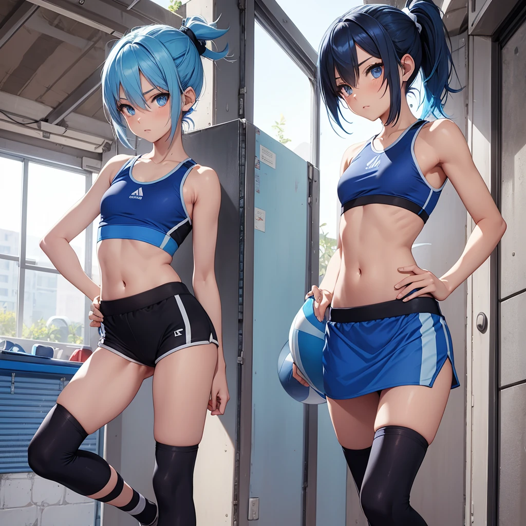 femele,12 years ,,(((White sports bra and blue boxer shorts))),,Wet with sweat,Look back,(((Nariko Saten)))