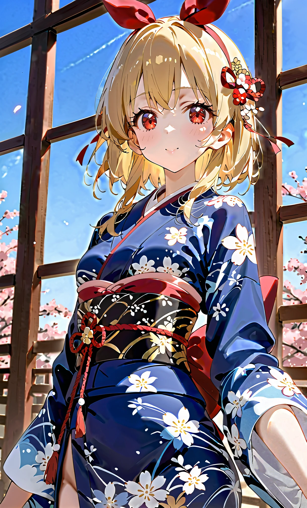 sfw, (red ribbon on headband: 1.2), girl wearing a very beautiful blue sky kimono, blue sky kimono, luxurious obi, clothes, small breasts, New Year, blonde hair, red eyes, red jeweled ribbon, best shot, From the chest up, line of sight, Ichigo Hoshimiya, NO nudity: 2.2,