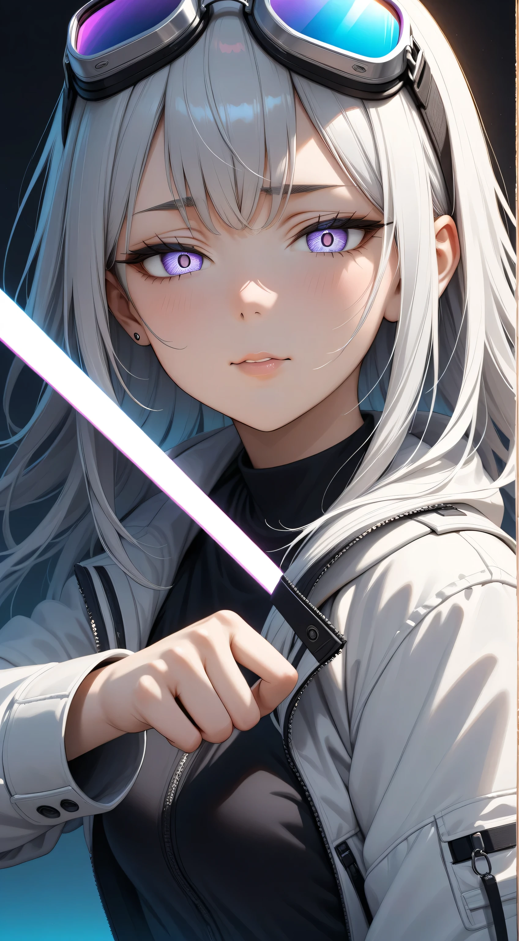 young girl, Long silver hair, turquoise eyes, white tattoos on the face, Rob Jedi, Lightsaber, Masterpiece, hig quality