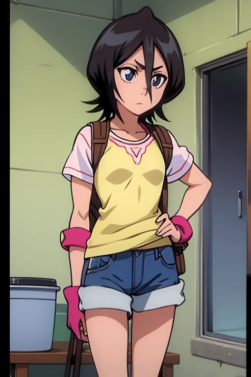 girl in pink booty shorts, wearing oven mittens tucked in pockets, blindfold