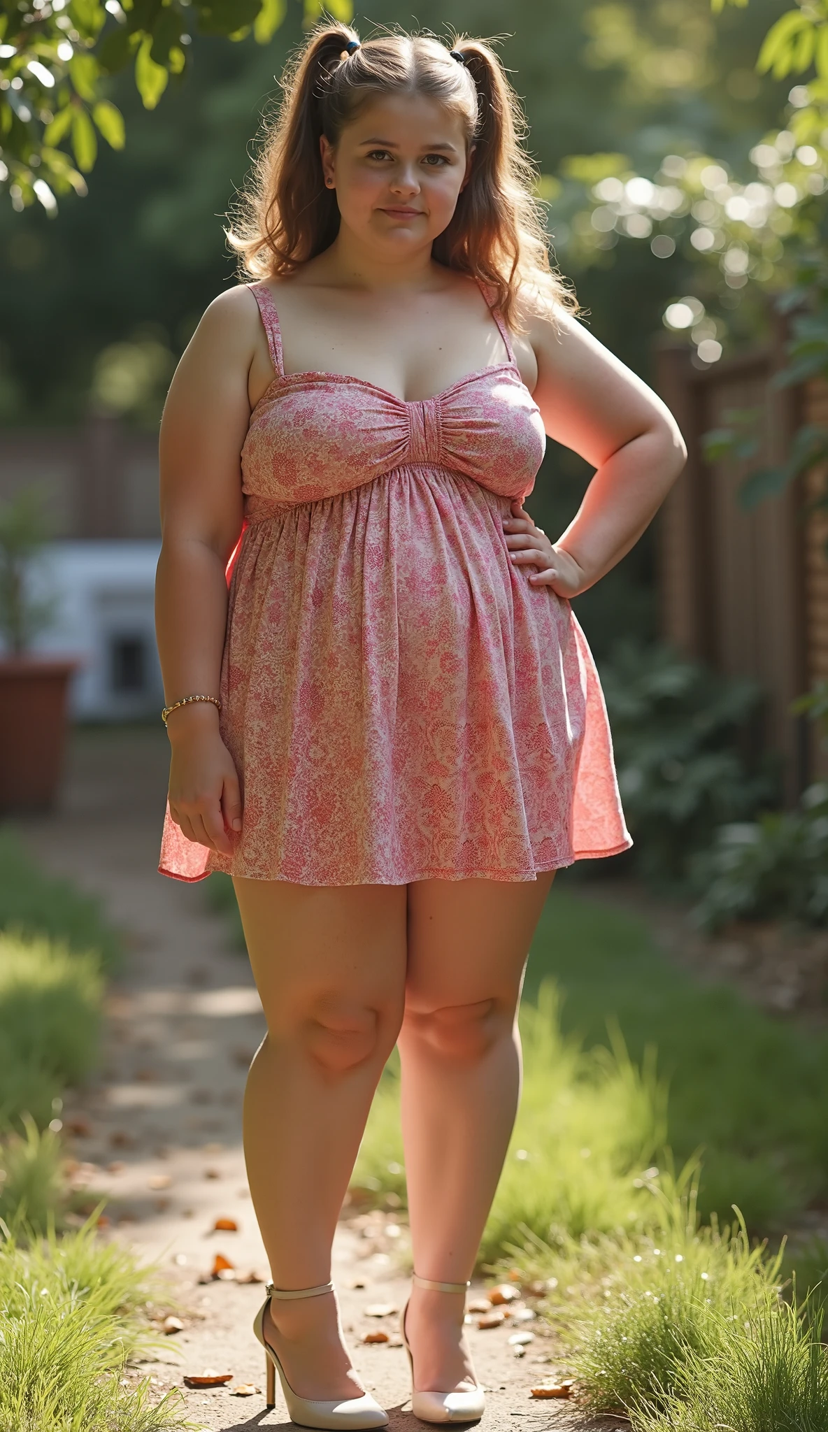(8k, best quality, masterpiece:1.2), (realistic, photo-realistic:1.37), ultra-detailed, 1 girl,cute, solo, ,beautiful detailed eyes, medium wavy hair, pink sundress, thick thighs, standing in a jungle, , smiling, looking at viewer, , pink hair, , full body view, standing, whole body shot, voluptuous, sexy, feet, barefoot, pink hair,