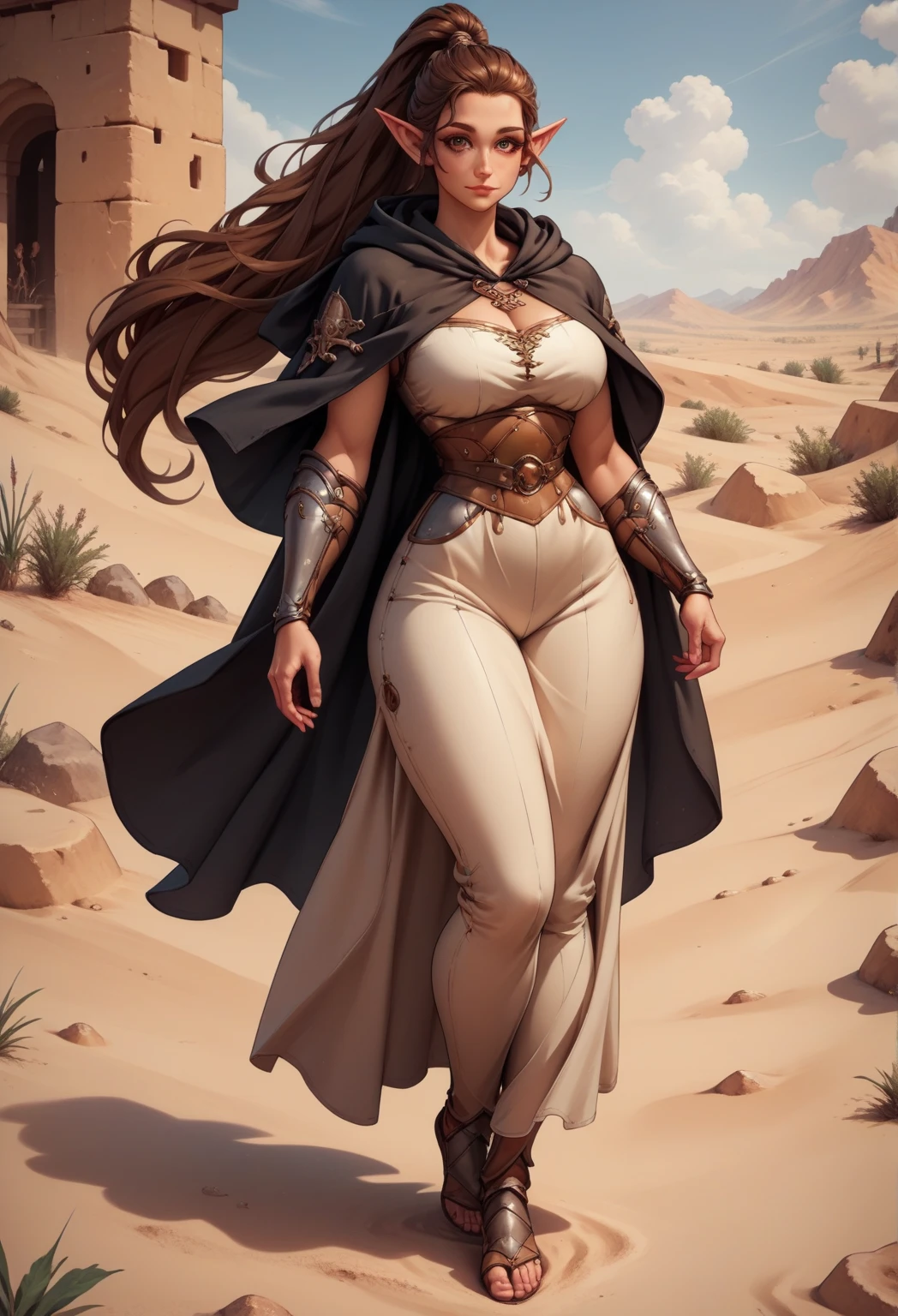 a digital illustration portraying a girl clad in an intricately designed Fremen suit reminiscent of the universe in Frank Herbert's "Dune." The suit boasts meticulous detailing, showcasing its desert-friendly features, including sand-resistant layers, functional utility belts, and a protective headscarf. Against the backdrop of a ferocious desert storm, she stands defiant, the tempest swirling around her. The artwork adopts a hyperrealistic style, accentuating the tactile feel of the suit's texture and the dramatic contrast of light and shadow in the midst of the storm, (Thick thighs:1.3), (huge breasts:1.4), ((CHUBBY:1.2))