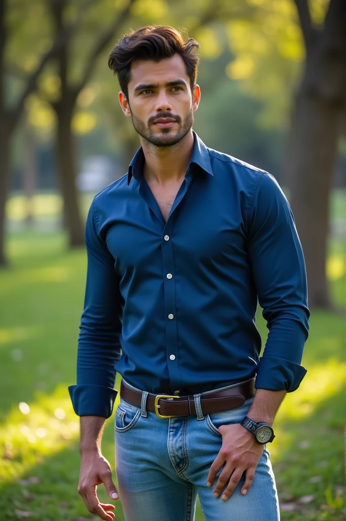  A 25-year-old young man from Seville from Spain  ,  elegant, handsome, sensual and manly  ,   standing in a city park ,   wears a long-sleeved blue shirt with formal buttons tucked inside his tight light blue jeans 