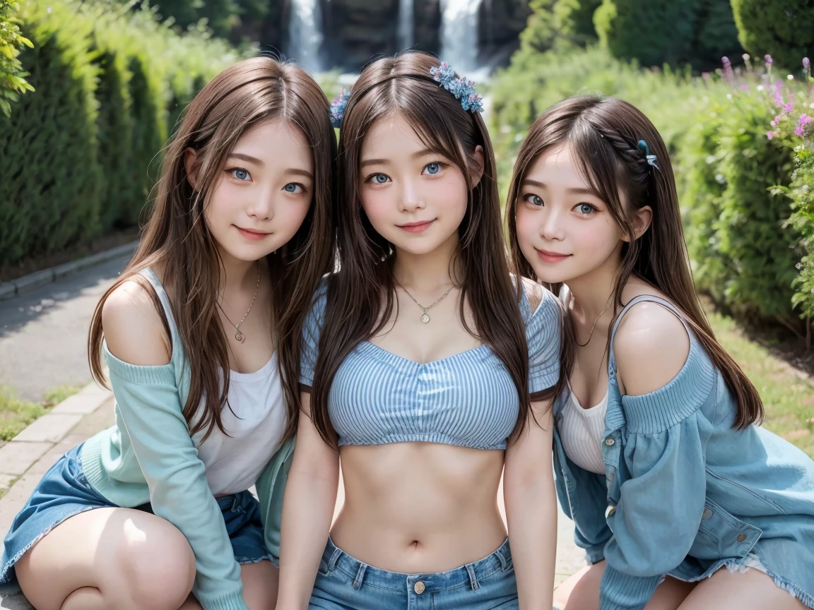 ( 3 girls), smile、Look into the camera、beautiful girlหน้าเด็กวัยใส、((((((10 years old)))))) diamond necklace、braided hair, Wear a jeans skirt.,Random color tank top：1.2. Revealing the upper arm、Extra long twin tail feathers、Flower Hair Ornaments、 Masterpiece, Highest quality, 8ก, beautiful girl, young face、 photography, Cute face, thigh,Sitting on a rock in a lotus pond,、รอยsmile、small waist, blue eyes(((The chest is erect...)))(((round chest)))(((big breasts:1.1)))( 3 girls)