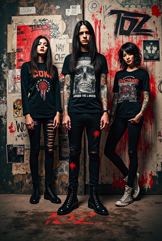 Mulher, (((Rockeira))), (((lip piercing))), (((Large flare on lobes))), Roupa cyberpunk na cor preto e branco, Jaqueta de couro, (((Cabelo azul no estilo emo))), seios grandes, pulseira com spikes, brass knuckles necklace, (((black background wall with the writing SENTIINEL in capital letters in red and letters similar to the cover of a metal band)))), ((Torn pants)), ((((tattoos on arms and face))))