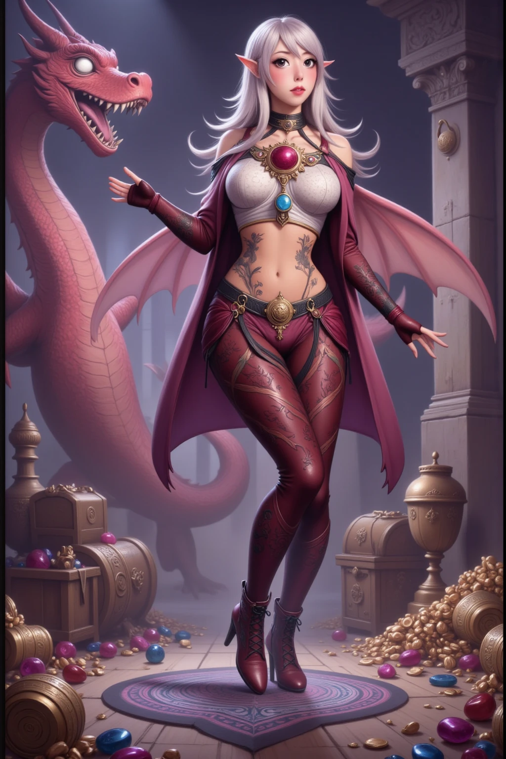Woman, long wavy hair, pink hair, blue eyes, elf, near a dragon, dragon , Expression would be, using boots, Grand Dragon