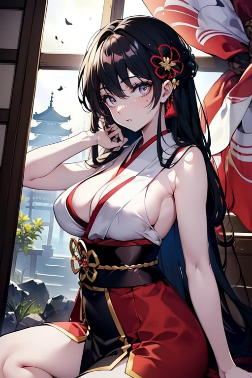 ((Best quality, 8k, Masterpiece: 1.3)), Sharp focus A beautiful woman with perfect body, Slim abdomen, Highly detailed face and skin texture, Detailed eyes, Traditional Chinese costume, ancient Chinese princess, black hair, hair ornament studded with small jewels, slender body, hands on chest