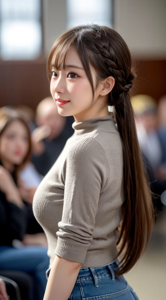 ((Best Quality, masutepiece, 超A high resolution、The most complex and detailed depictions))、(Very bright daylight white lighting:1.1)、Woman in turtleneck sweater、beatiful detailed eyes、(Long wavy ponytail:1.3), (precise wave ponytail:1.5)、Color Contacts、Perfect makeup、long eyelashes、lipsticks、highly saturated eyeshadow、Tight knitwear、Perfect fit、Emphasize body lines、(large full breasts:1.5)、turtle neck、细致背景, Look at viewers, ((profile、turned around、shot of her from below))、the best smile when you look at me、Knitted dresses、The background is the interior of a large shopping mall..、cowboy shot