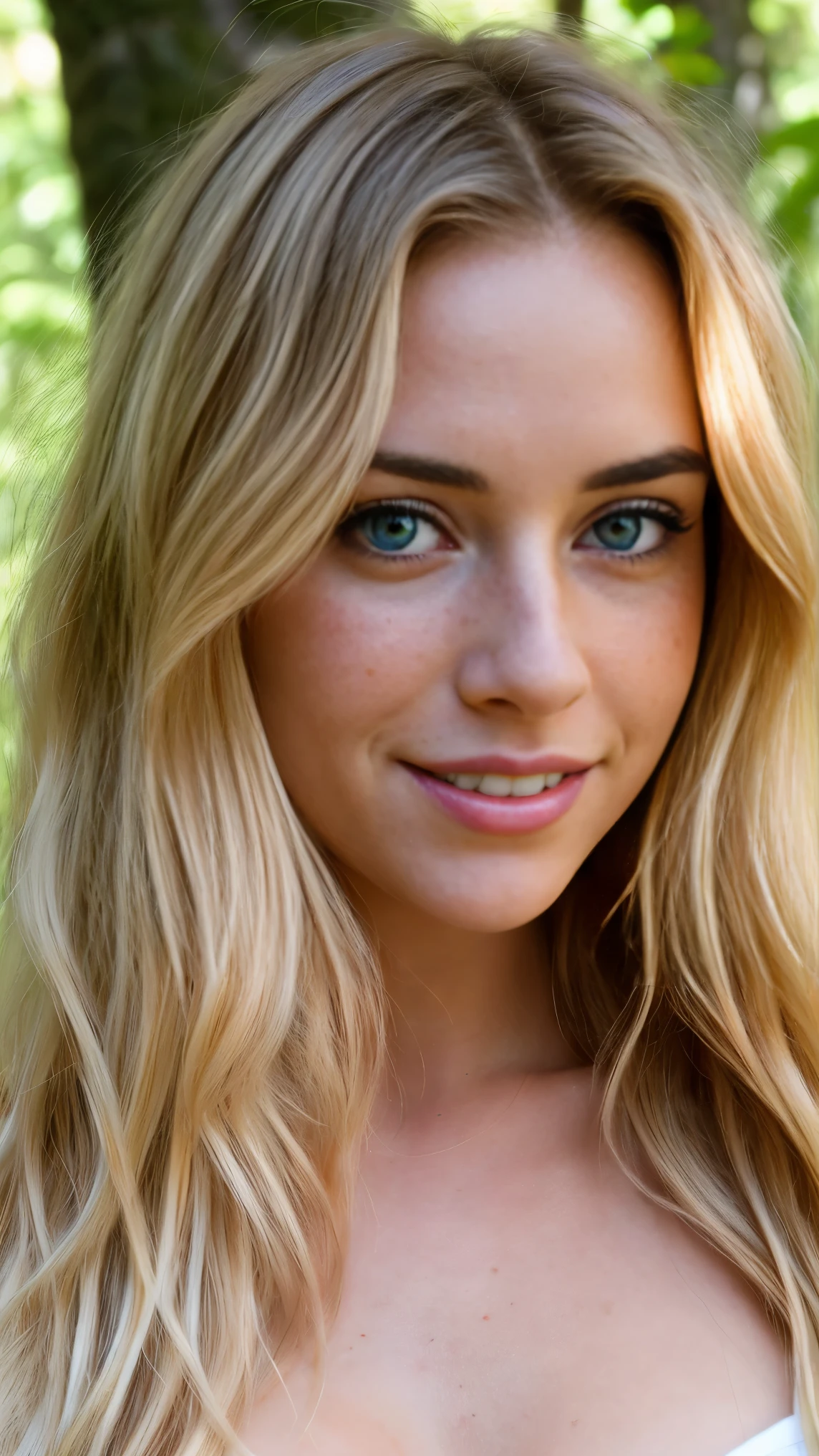(((Hd closeup phote))) girl, blonde constance cali, looking at camera in forest