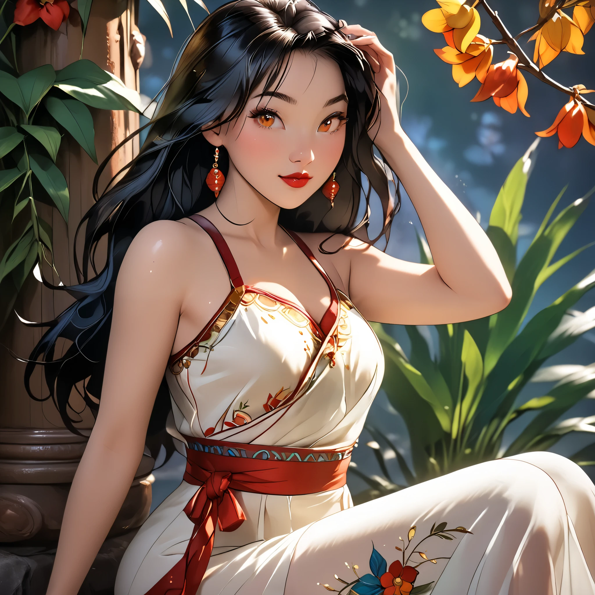 (beautiful girl:1.3),1girl,masterpiece,Highest quality,Ultra-high resolution,rich contrast,super high quality,8k,Highly detailed CG unit wallpaper,texture,Incredibly absurd,Ultra-high resolution,Highest quality anime,professional photograph,an extremely delicate and beautiful,RAW Photos,Depth of Field 1.2,ultra-detailed eyes,Glitter Effect,Beautiful glossy lips, 25years old, gorgeous legs, noise perfect, gorgeous ass, Fa Mulan from Disney, gorgeous ass, dynamic pose, skinny jeans, (translucent white blouse), no bra, sensual woman, seductive woman, mature woman, Milf, maternal, shy look, full body, MulanXLP, black hair, long hair, Boho Set (Adventure and Freedom): Top: Sleeveless linen blouse in terracotta tone with floral embroidery in white thread, with a "V" shaped neckline and thin straps.
Bottom: Long skirt with a wrap-around cut, with a multicolor ethnic print in warm tones (red, orange and yellow). The skirt has a lace fringe at the bottom edge.