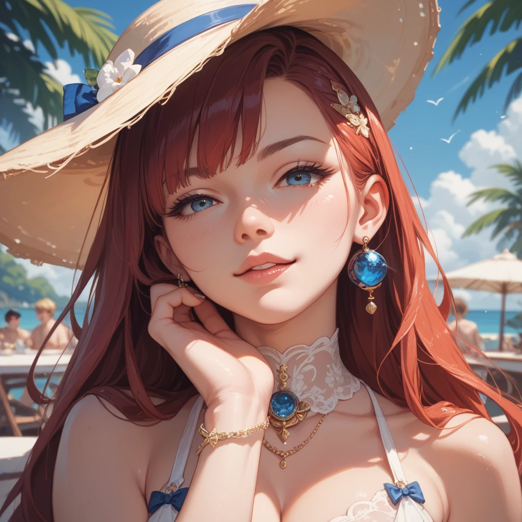 (highres, ultra-detailed, anime, manga:1.3), Tsukasa Hojo style, 1 woman, vibrant bohemian dress, flowing silhouette, layered necklaces, wide-brimmed hat, beachside setting, sunset hues, soft sea breeze, beautiful detailed eyes, beautiful detailed lips, extremely detailed eyes and face, long eyelashes