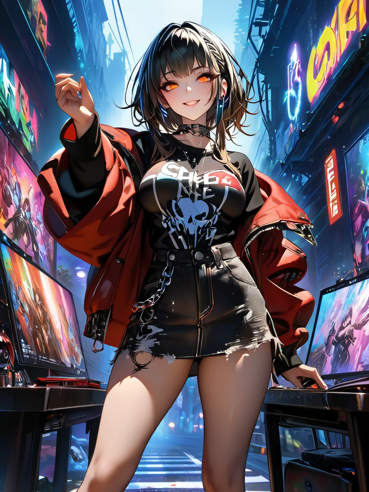 (nsfw:0.1),masterpiece, best quality, highres, lu1, cyborg, multicolored hair, makeup, bare shoulders, black leotard, highleg leotard, (thong:1.1), white jacket, open jacket, belt, shorts, lucy \(cyberpunk\) sitting in a city at night,holding, holding cigarette, anime cyberpunk art, digital cyberpunk - anime art, seductive anime girl art, female cyberpunk anime girl, looking at the viewer,  city,full moon, night