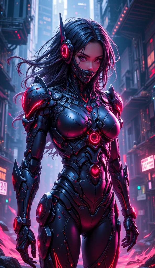 [SH4G0D:1], a beautiful cyborg warrior girl cyberpunk sensual vampiric beautiful body beautiful face in big breasts bionic legs bionic arms armor in an intricate futuristic cyberpunk city ultra detailed 8k extremely realistic[cabelo fluorescente:1]
