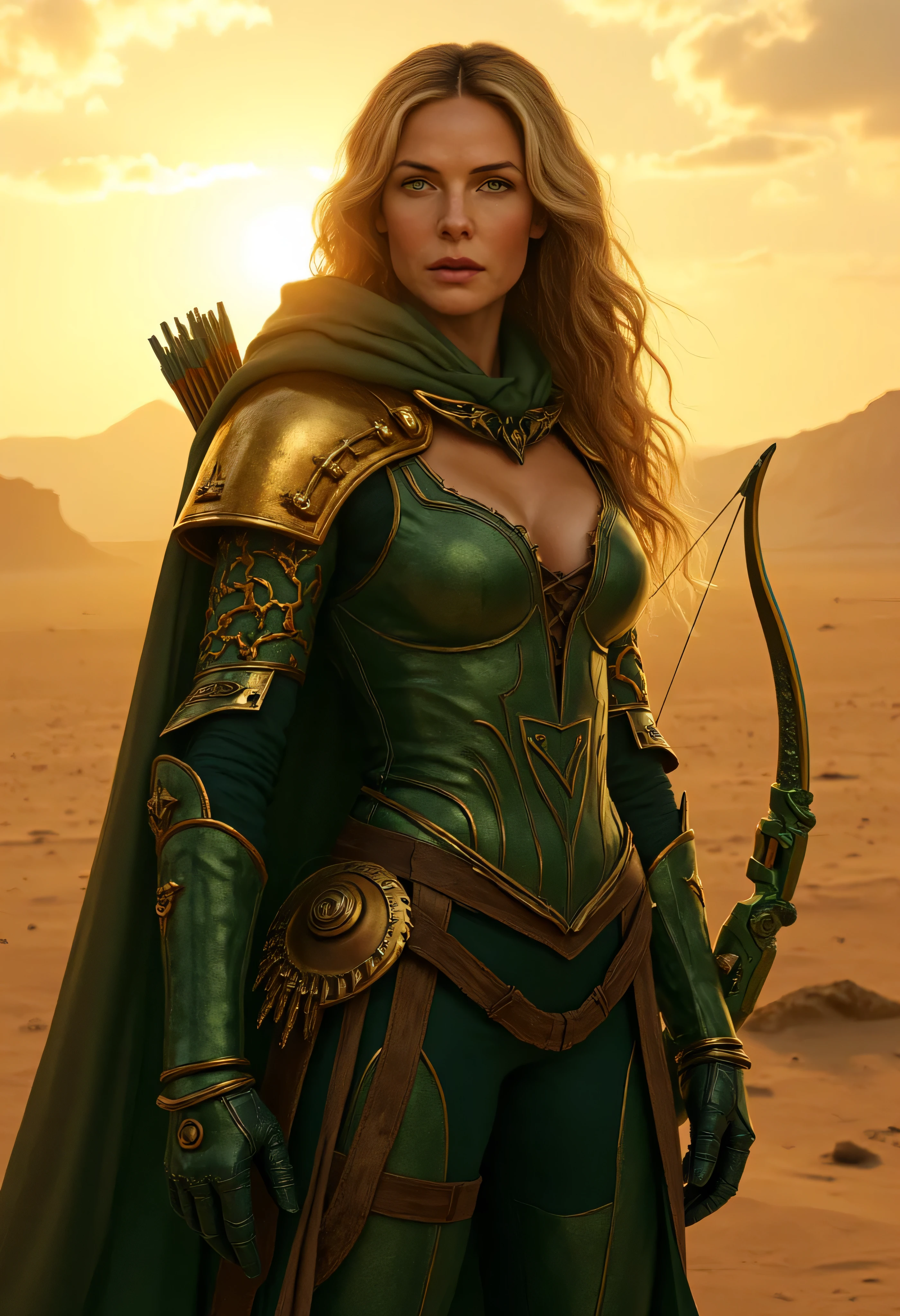 professional portrait of Rebecca Ferguson as Robyn Hood, powerful enchanting female archer, long flowing blonde hair, piercing heterochromatic eyes, one eye glowing with golden magical light, emerald-green and gold fantasy armor, intricate details, hooded cloak, golden single shoulder pad, single vambrace, bustier, cross-laced clothes, gloves, center opening, cleavage, midriff, navel, leggings, boots, bandage on arm, pelvic curtain, legband, carries beautifully designed green recurve bow, quiver full of arrows on her back, vast sunlit desert landscape, distant mountains, golden sunset glow, intense action movie scene, bold focused expression, subtle grain, cinematic quality, fine art photography, film still, movie scene, w4rh4mm3r style oil painting