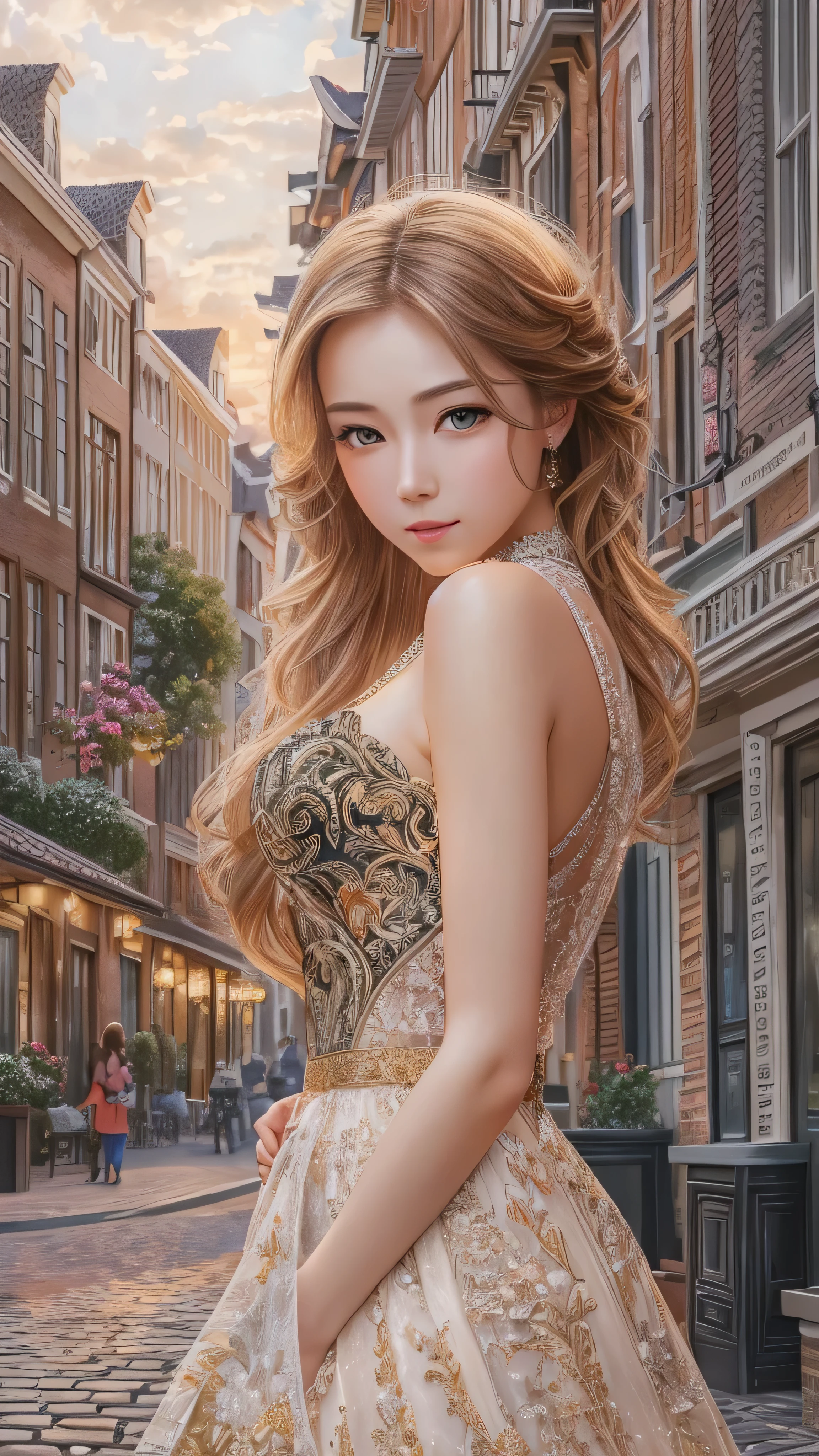 photograph of a woman, standing on a balcony, isabella-7000, long colorful detailed dress, stunning environment, ultra realistic, concept art, elegant, ((intricate)), ((highly detailed)), depth of field, (((professionally color graded))), 8k, 85mm, f/1. 8, art by artgerm and greg rutkowski and alphonse mucha