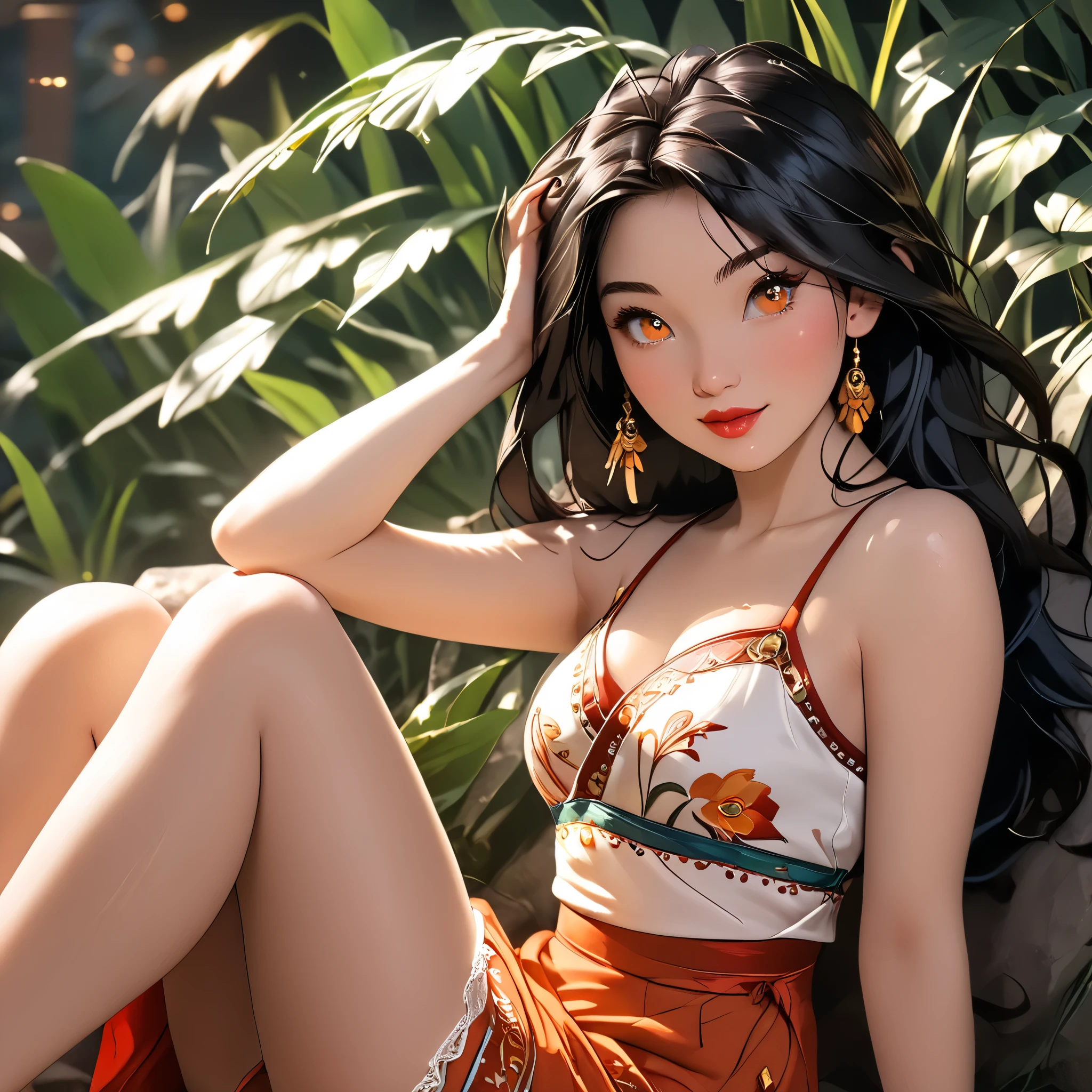 (beautiful girl:1.3),1girl,masterpiece,Highest quality,Ultra-high resolution,rich contrast,super high quality,8k,Highly detailed CG unit wallpaper,texture,Incredibly absurd,Ultra-high resolution,Highest quality anime,professional photograph,an extremely delicate and beautiful,RAW Photos,Depth of Field 1.2,ultra-detailed eyes,Glitter Effect,Beautiful glossy lips, 25years old, gorgeous legs, noise perfect, gorgeous ass, Fa Mulan from Disney, gorgeous ass, dynamic pose, skinny jeans, (translucent white blouse), no bra, sensual woman, seductive woman, mature woman, Milf, maternal, shy look, full body, MulanXLP, black hair, long hair, Boho Set (Adventure and Freedom): Top: Sleeveless linen blouse in terracotta tone with floral embroidery in white thread, with a "V" shaped neckline and thin straps.
Bottom: Long skirt with a wrap-around cut, with a multicolor ethnic print in warm tones (red, orange and yellow). The skirt has a lace fringe at the bottom edge.