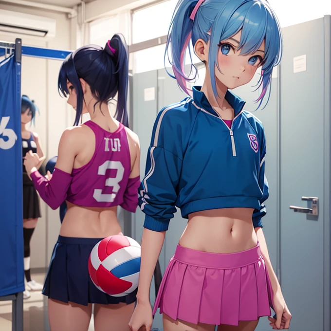 masterpiece, best quality, high resolution, ultra-detailed, perfect face, slender perfect body, Tight belly, Toned buttocks, Constricted waist,(((5 boys to race))), 13yo,(pink:-1.5) (blue:-1.5) hair, (braided short hair), shy son, short stature, small tits, (indoor volleyball court), (volleyball athlete), small tits, short pants spats show off, short pants, spats, focus, looking at viewer, (wet:1.4) hair and skin, volleyball,((very wide shot )),(back shot)