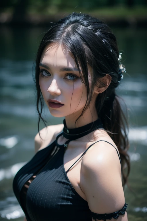 Woman in a black dress posing in a wooded area, Retrato Sophie Mudd, Anna Nikonova aka Newmilky, lindo modelo jovem, menina com cabelo castanho escuro, modelo muito bonito, usando gargantilha preta, deusa jovem, Alexey Egorov, Valentina Embaralhamento, usando gargantilha preta intrincada, modelo bonito da menina, Marcos Ariano, menina modelo bonita