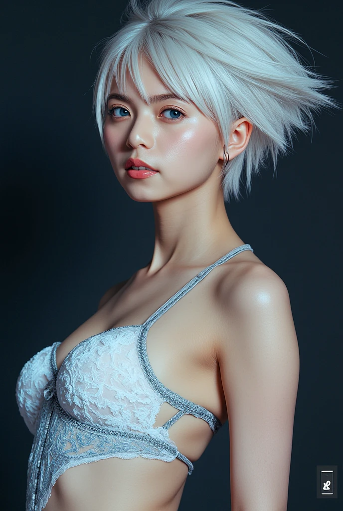 Half Beauty Breast Emphasized Top Big Tits Abs Tank Top Slender Glossy All Over Body Short Bob Silver Hair Color Put your hand on your crotch