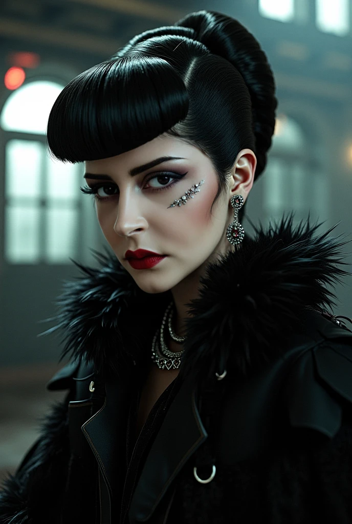 Gang leader, female, London year 1814, cloudy, athletic physique, no clothes, leaked, tattoos on torso, matte top hat, shrewd look, rough look, cinematic, 6d cannon, octane render, vintage aesthetics, mysterious aura, dark atmosphere, detailed face, mysterious aura, glowing skin, short black hair, detailed intense blue eyes, arched eyebrows, dark makeup, full lips, deep red lipstick, full body, WLOP