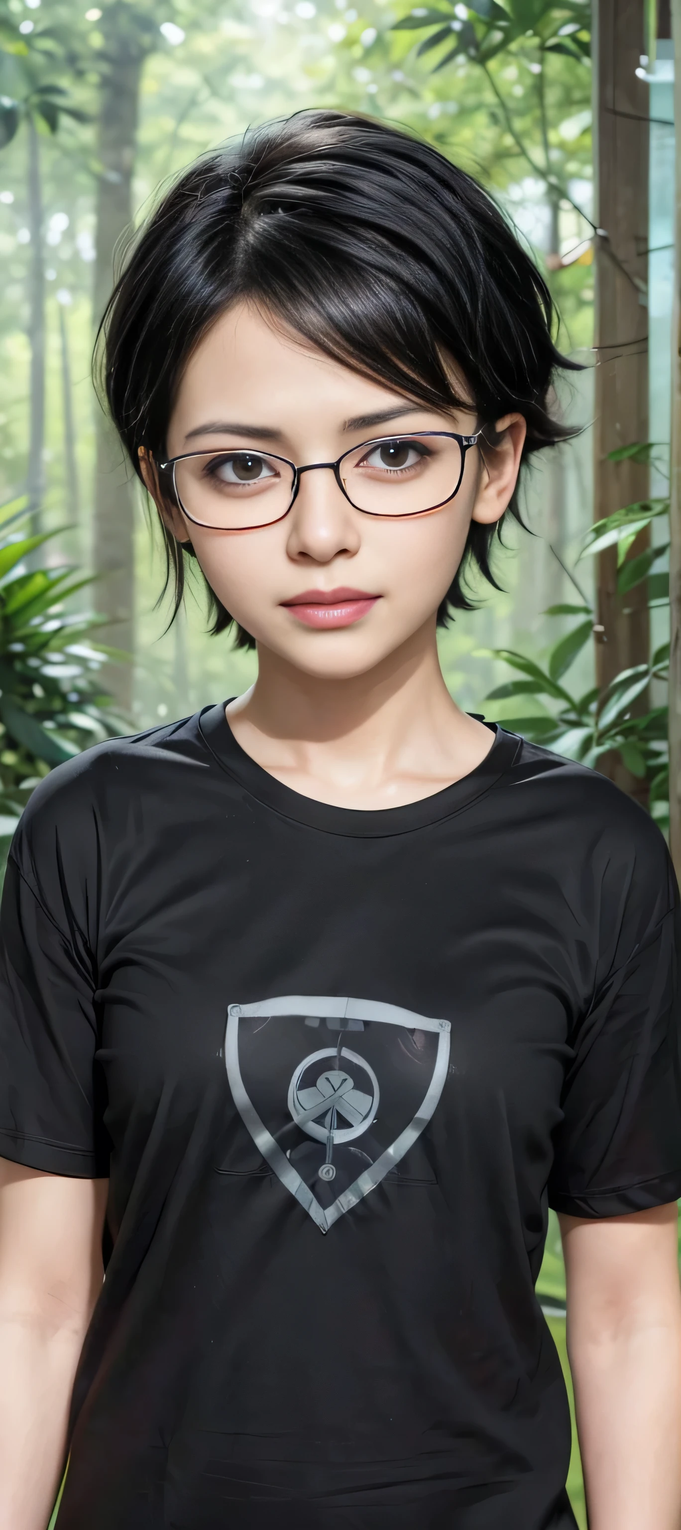masterpiece, best quality, (realistic,photo-realistic:1.4), (RAW photo:1.2), extremely detailed CG unity 8k wallpaper, delicate and beautiful, amazing,finely detail, official art, absurdres, incredibly absurdres, huge filesize, ultra-detailed,extremely detailed eyes and face,light on face,sarada,(smirk:1.4),(black hair:1.4),(very short hair:1.4),nature,sarada uchiha,(wearing black framed glasses:1.5),(wearing t-shirt:1.5),deep jungle