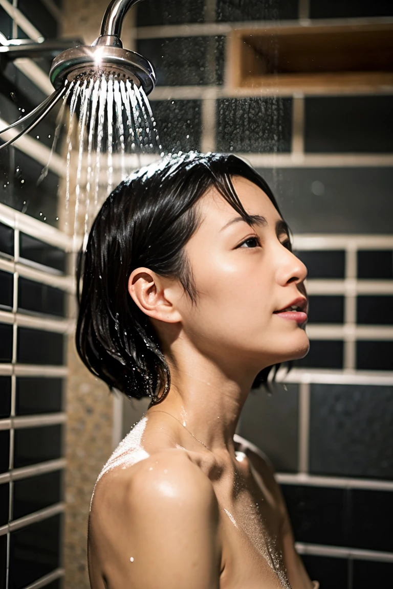 A profile view of a beautiful Japanese woman in her thirties with short hair who is staring blankly at the wall and thinking while taking a shower in the shower room. Focal length 100mmf/2.8, spring evening, sunny, shower room on the upper floor of a high-rise apartment, steam, water droplets, well-shaped face, wet hair, toned body, wet skin, nude, close-up of eyes, sense of reality, 8K Image quality, top quality.