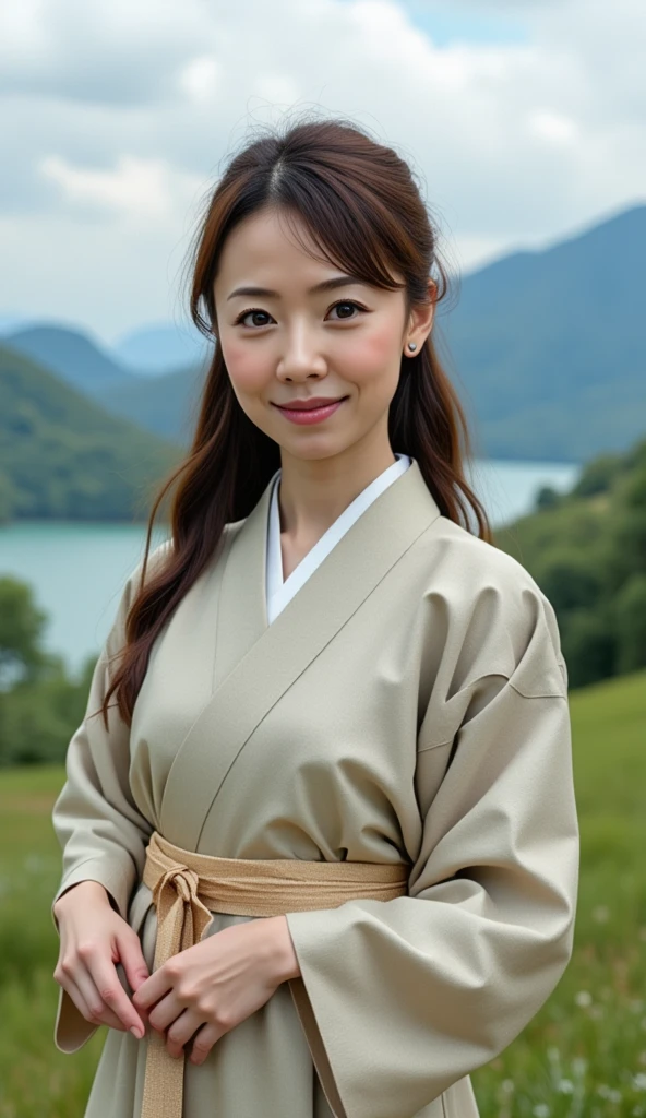best quality, waist-up woman skin espresso color wearing tunic stand in japan, kobe, A vast archaeological site located in the south region of Italy that was buried by meters of ash and pumice after a catastrophic eruption, shot on RED camera 135mm f1.8 len, realistic
