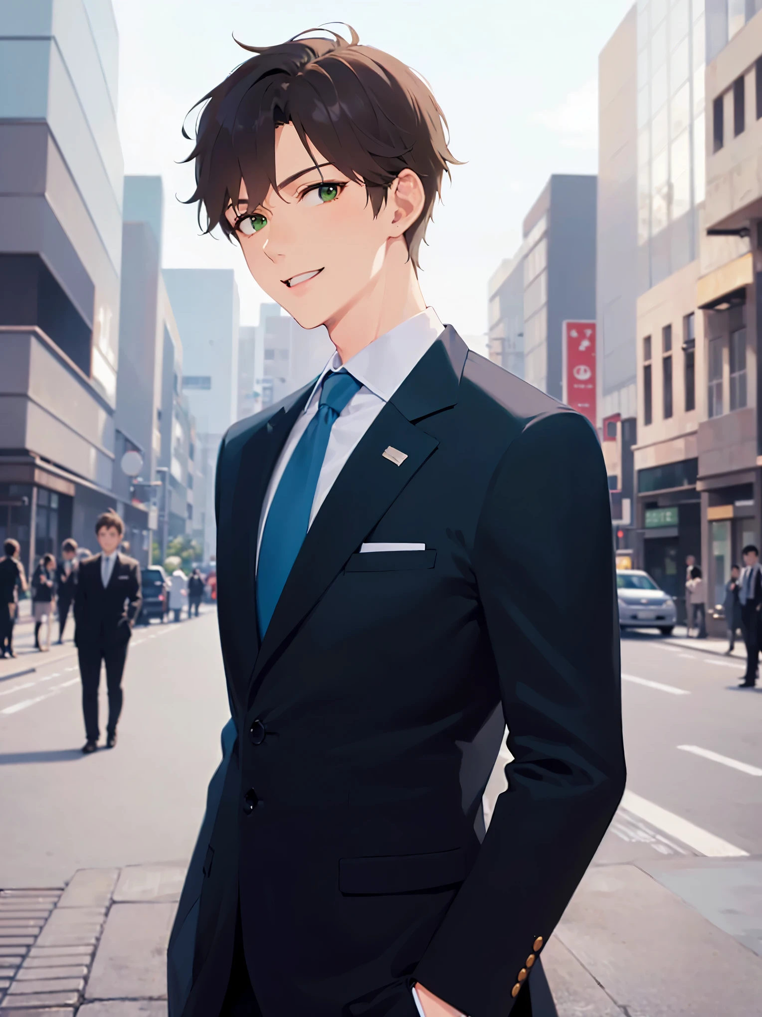 Anime character in a suit and tie standing on a city street - SeaArt AI