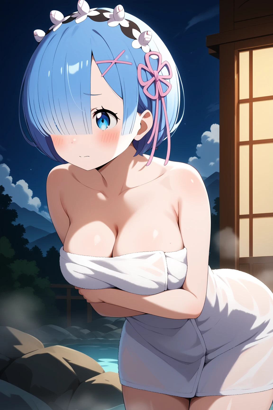 One Naked Girl、Standing in front of the house、Light blue hair、blue eyes、Standard bust size、Nipples、Have dead eyes、Feeling embarrassed、A little big chest、Wearing a sailor uniform、Wearing green panties、Daytime view