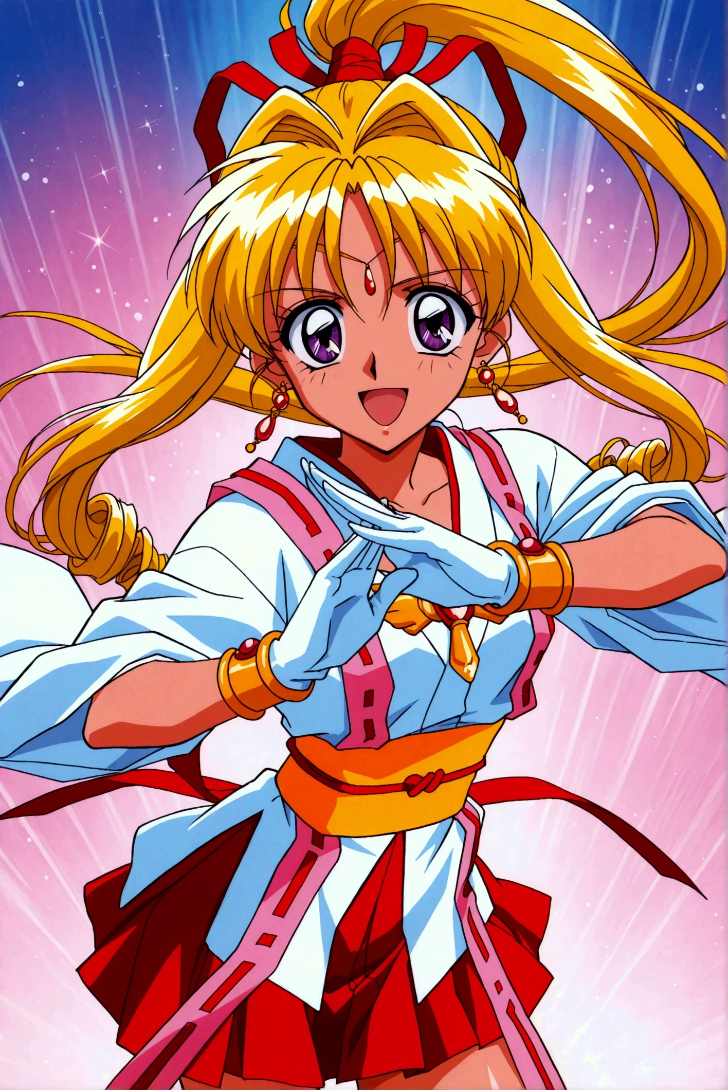 score_9,score_8_up,score_7_up,score_6_up,score_5_up,score_4_up,source_anime,(solo:1.5), masterpiece,highest quality,Super detailed,8k,High resolution,an extremely delicate and beautiful,Official Art,Perfect Anatomy,1990s \(style\),90s anime,90s anime style,retro artstyle,Cel-shaded anime,anime screencap,anime coloring,perfect face,beautiful,sexy,athletic body,shiny skin,(scale to fit the dimensions:1.2),
action posing, dynamic pose, sexy pose,open mouth,smile,
kkjeanne, 1girl, solo, magical girl, blonde hair, purple eyes, forehead jewel, hair intakes, drill hair, high ponytail, long hair, red ribbon, earrings, white gloves, red skirt, bracelet, wide sleeves, sash, japanese clothes,