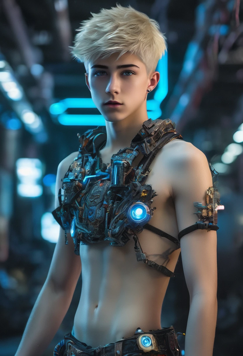 {{master piece}}, best quality, photograph of sexy twink in the process of being turned into a cyborg, on top of a futuristic operating table,((small slightly muscular soft human chest, armor does not cover his soft bare skin on his belly)), ((exposed flat pectoralis muscles)), handsome detailed azure eyes, handsome boyish face, detailed cyberpunk lab, handsome detailed hair, wavy hair, handsome detailed street, mecha clothes, robot boy, cool movement , skinny twink body, {filigree}, futuristic city background, rainy days, {lightning effect}, detailed cyborg crop top armor, mind control device on head, futuristic vr headset, whole body image.