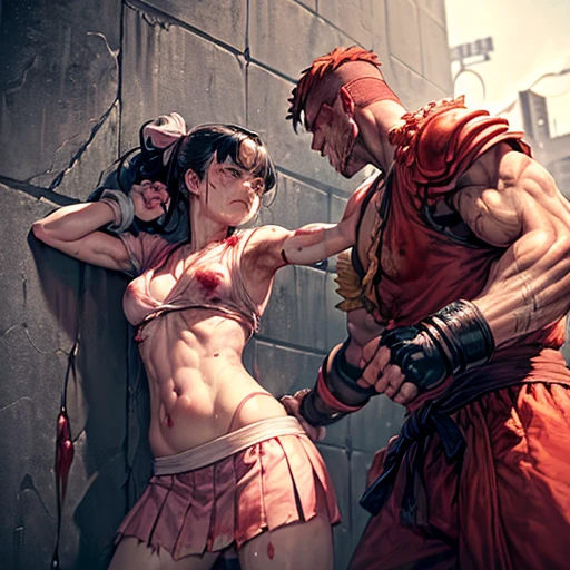 Side view handsome muscular shirtless brown haired man laughing hands above head tied to the ceiling kneeling barefoot blindfolded, sweating, armpits tickled by hands, feet tickled by brushes, dungeon background