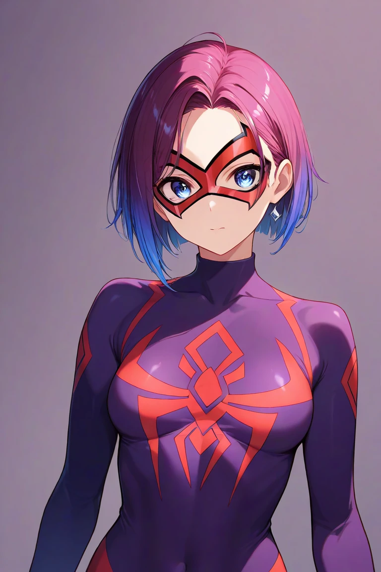 Anime avatar with a realistic style, predominantly dressed in red and purple. One striking feature: a captivating pair of large, expressive eyes, painted with shades of deep purple. Hair cascading down in luscious red waves, stitched with fine details to achieve a lifelike texture. Delicate pink blush on the cheeks, contrasting against the boldred attire. Body shape possesses an elegant curve, with distinct contours of the waist and hips, colored in a rich, maroon hue. A touch of red adorns the lips, completed with intricate highlights and subtle shading for depth. A lovely, unique anime creation, exuding an alluring aura.